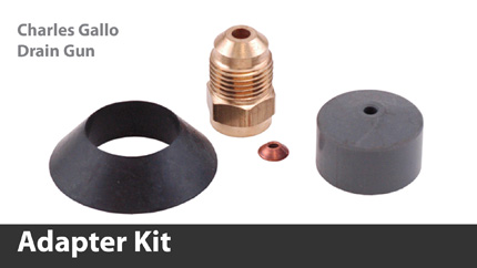 An adapter kit with three adapter fittings is available for use on oil burner lines and tighter areas with a 90º fitting. These fittings increase the versatility of the innovative Charles Gallo Drain Gun. Specify catalog number GG-1A when requesting the fitting kit.