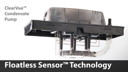 Electromechanical float switches used in conventional condensate pumps are prone to mechanical failure including debris fouling, sunken floats, and misalignment. ClearVue’s Floatless Sensor™ eliminates the problems associated with conventional condensate pumps. No float, no problem.