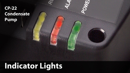 The red, yellow, and green indicator lights show the pump status. The green shows the power applied to the pump, yellow shows the pump is running, and red is for high level alarm.
