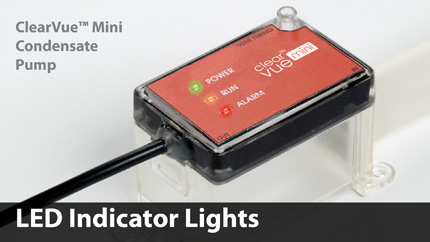 ClearVue™ Mini features three LED indicator lights: Ready, Pumping, and Alarm. The LED lights tell you what mode the pump is in at any given time.