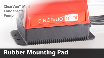 The molded rubber mounting pad can be used to mount ClearVue™ Mini to a vertical or horizontal surface; or to copper refrigerant lines with cable ties. The rubber pad decreases sound and vibration, contributing to a very quiet pump.
