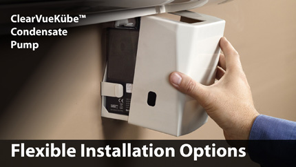 ClearVueKübe™ can easily be installed as part of SpeediChannel or other line set cover systems. Its small size makes it an easy add-on either under the mini-split unit or just under the line set. ClearVueKübe™ includes a mounting bracket and several diffe